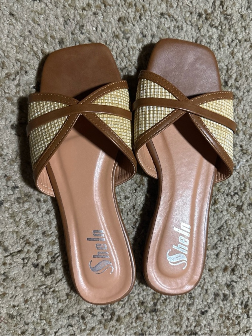 SHEIN Brown and Cream Woven Cross-Strap Slide Sandals
